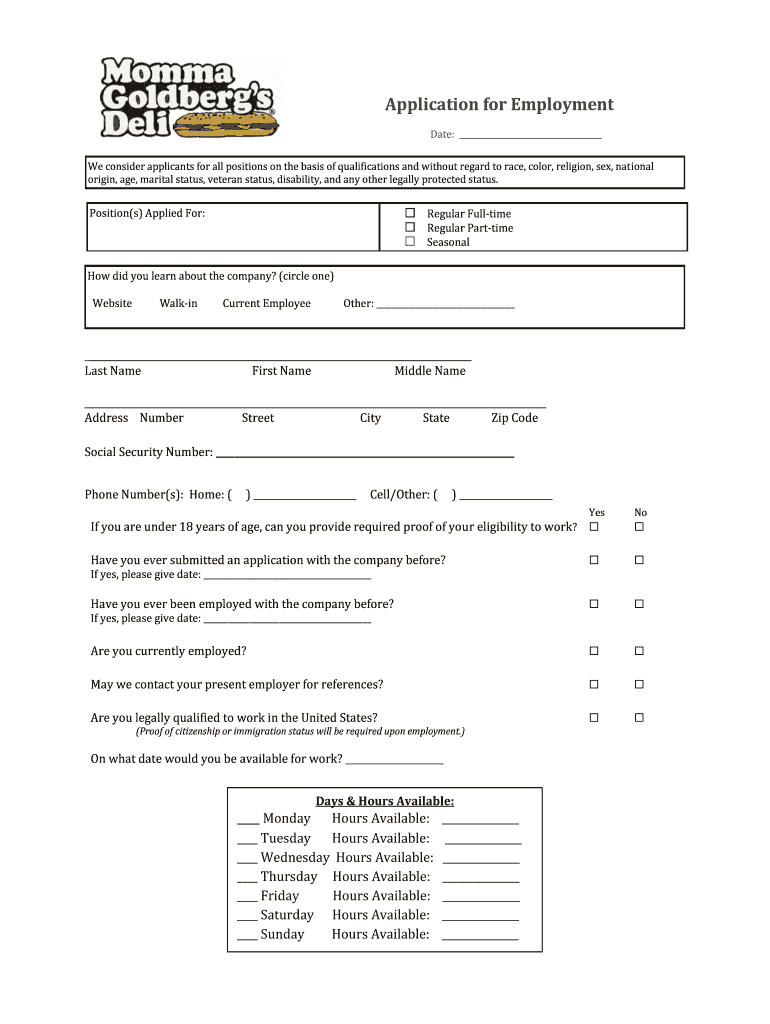 Momma Goldberg's Application  Form