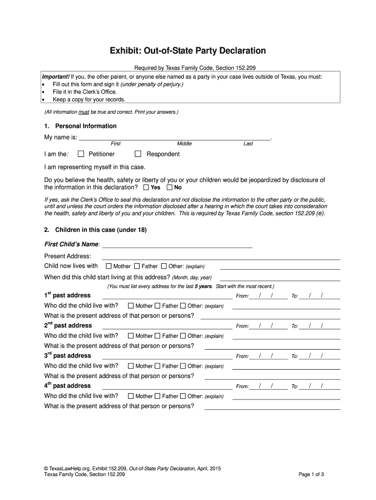 Out of State Party Declaration Texas  Form