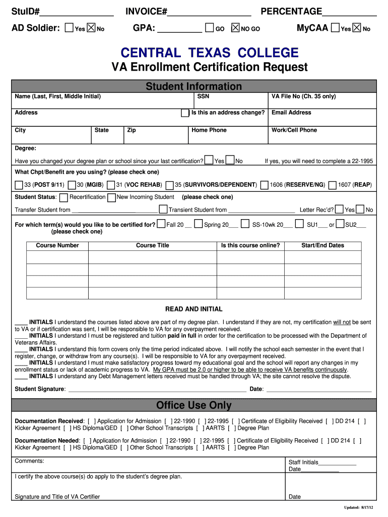  Ctc Veterans Enrollment Certificate Form 2012-2024