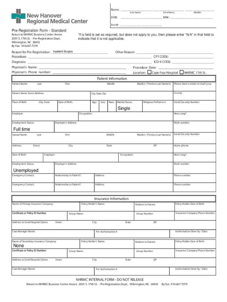 Pre Registration Form New Hanover Regional Medical Center Nhrmc