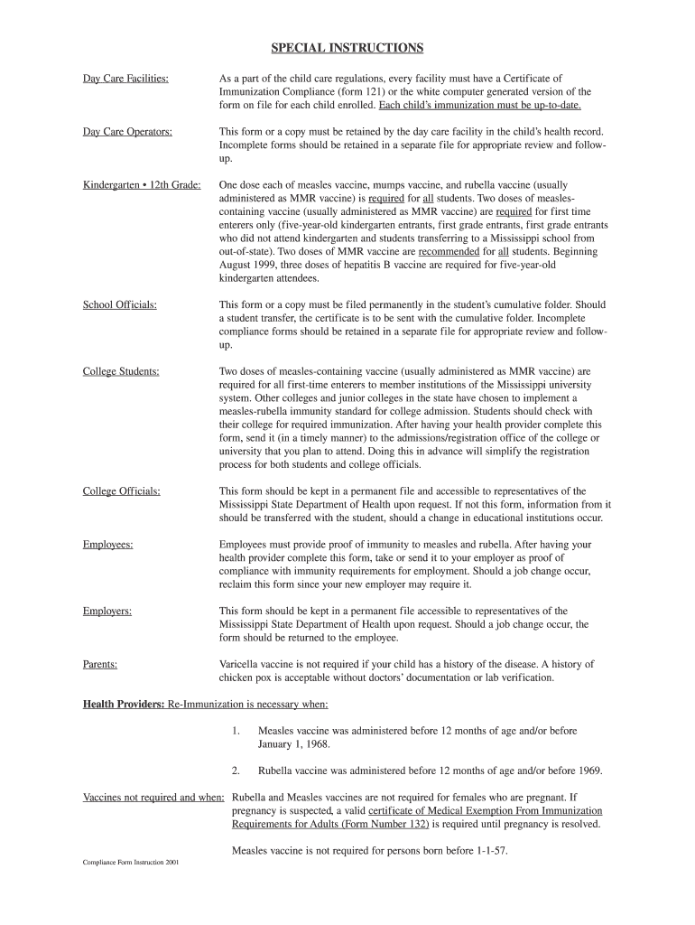  Form No 121 Certificate of Immunization Compliance 2001