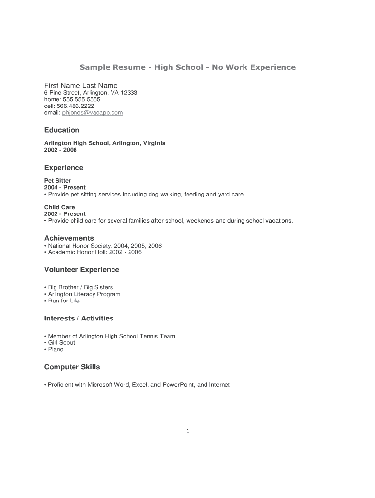 Blank Resume Template for High School Students  Form