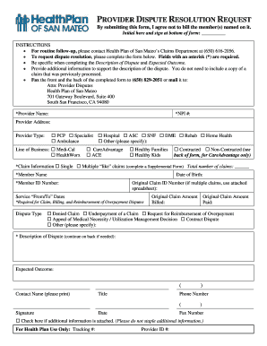 Provider Dispute Resolution Request Form the Health Plan of San Hpsm