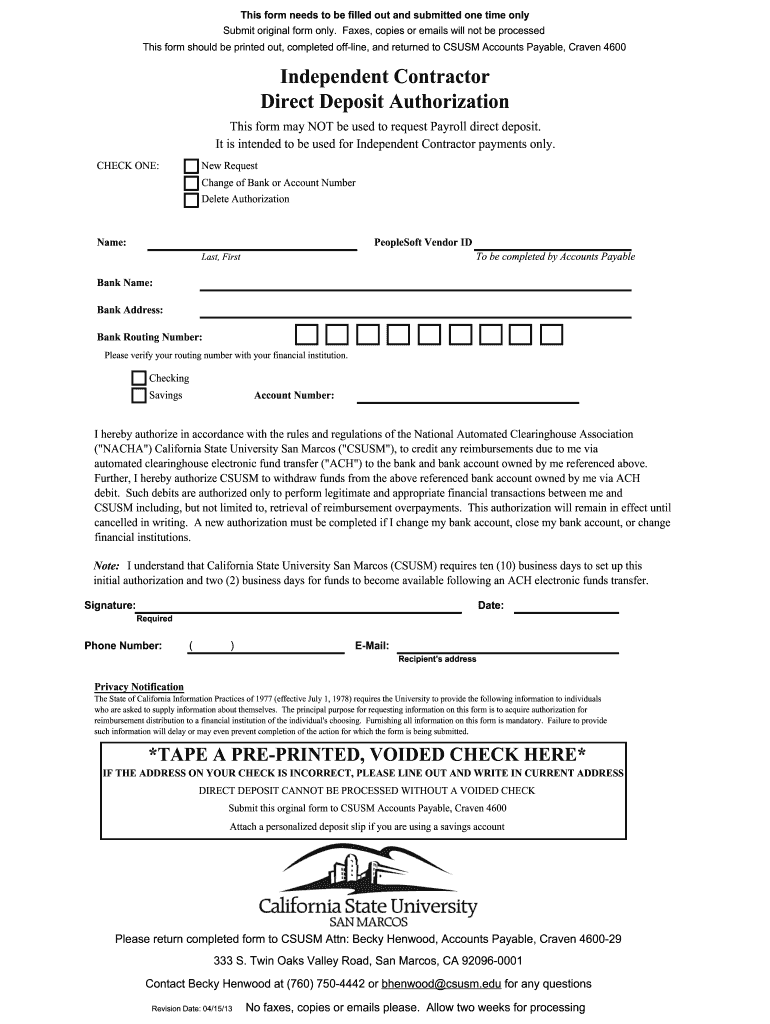  Contractor Direct Deposit Form 2013