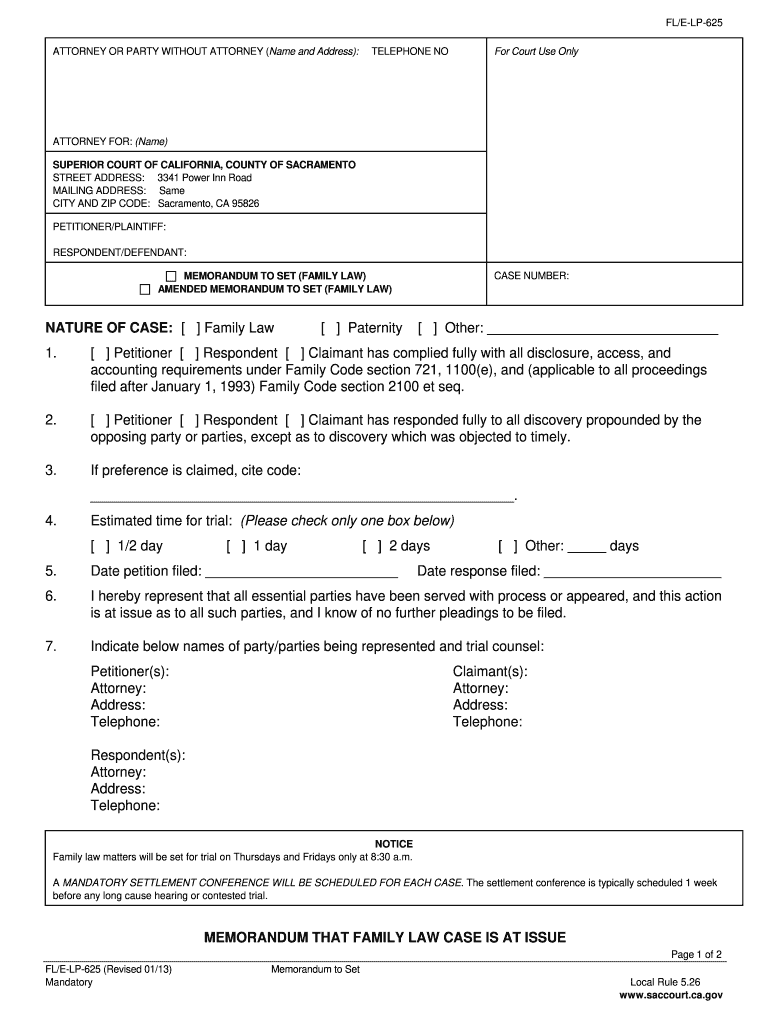 Fl E Lp 625 Memorandum to Set California Form