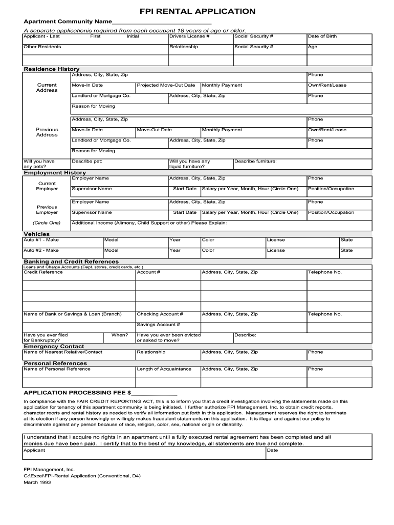  Fpi Management Rental Application  Form 1993