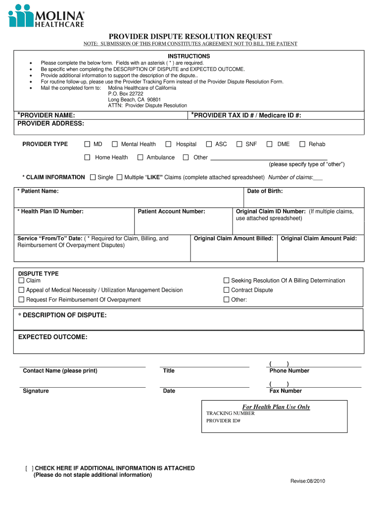  Molina Dispute Form 2010-2024