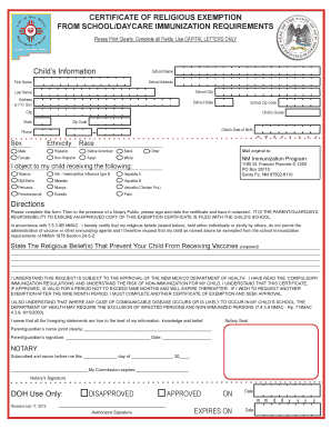 Certificate of Religious Exemption from School New Mexico Immunizenm  Form
