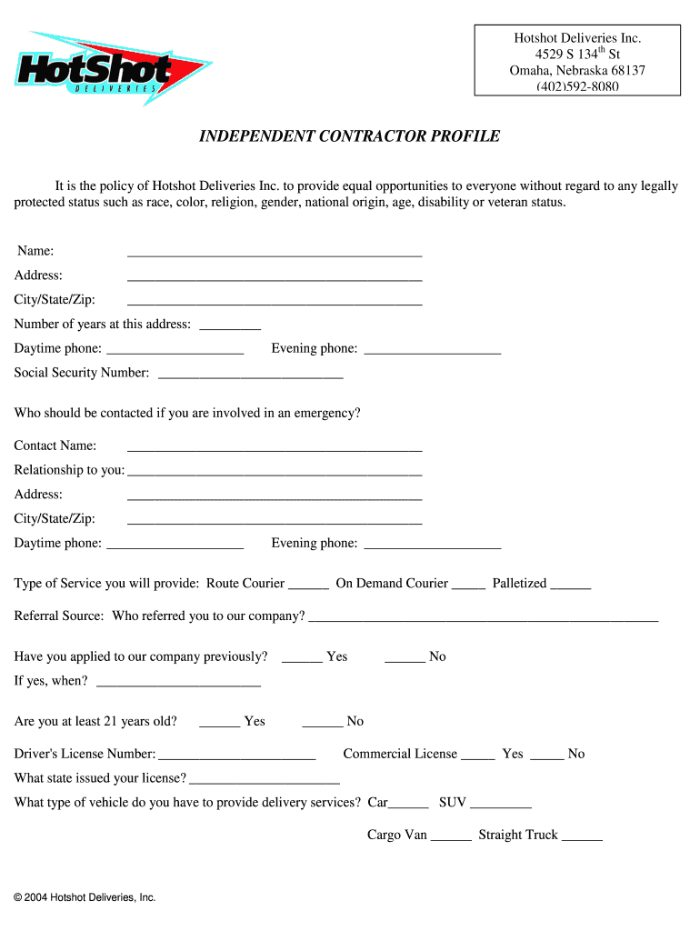 Independent Contractor Hot Shot Form