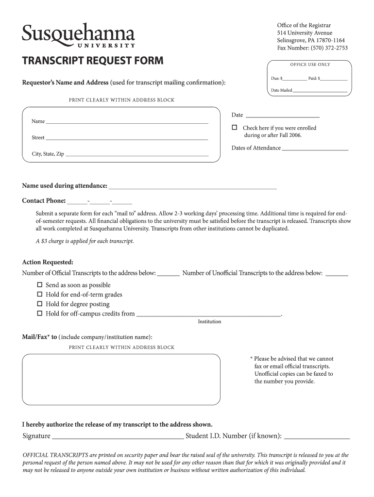 Susquehanna University Transcript Request  Form