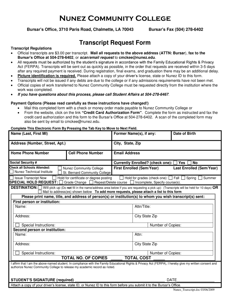  Nunez Community College Transcript Request 2009-2024