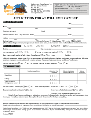 Application for at Will Employment Valley Queen Cheese Factory  Form