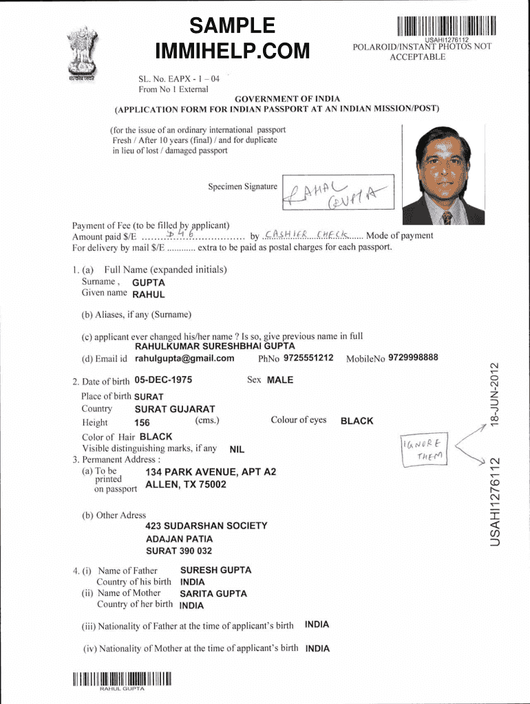 Sample Filled Indian Passport Application Form