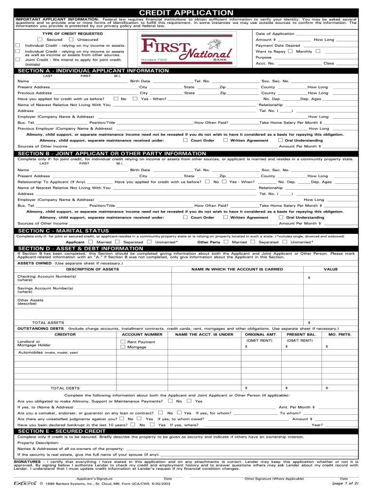 Credit Application Form Ucacws