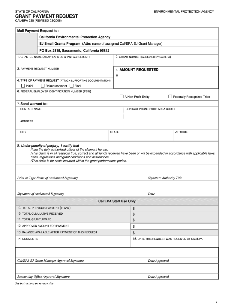  Grant Payment Request, CalEPA 220  California Environmental    Calepa Ca 2006