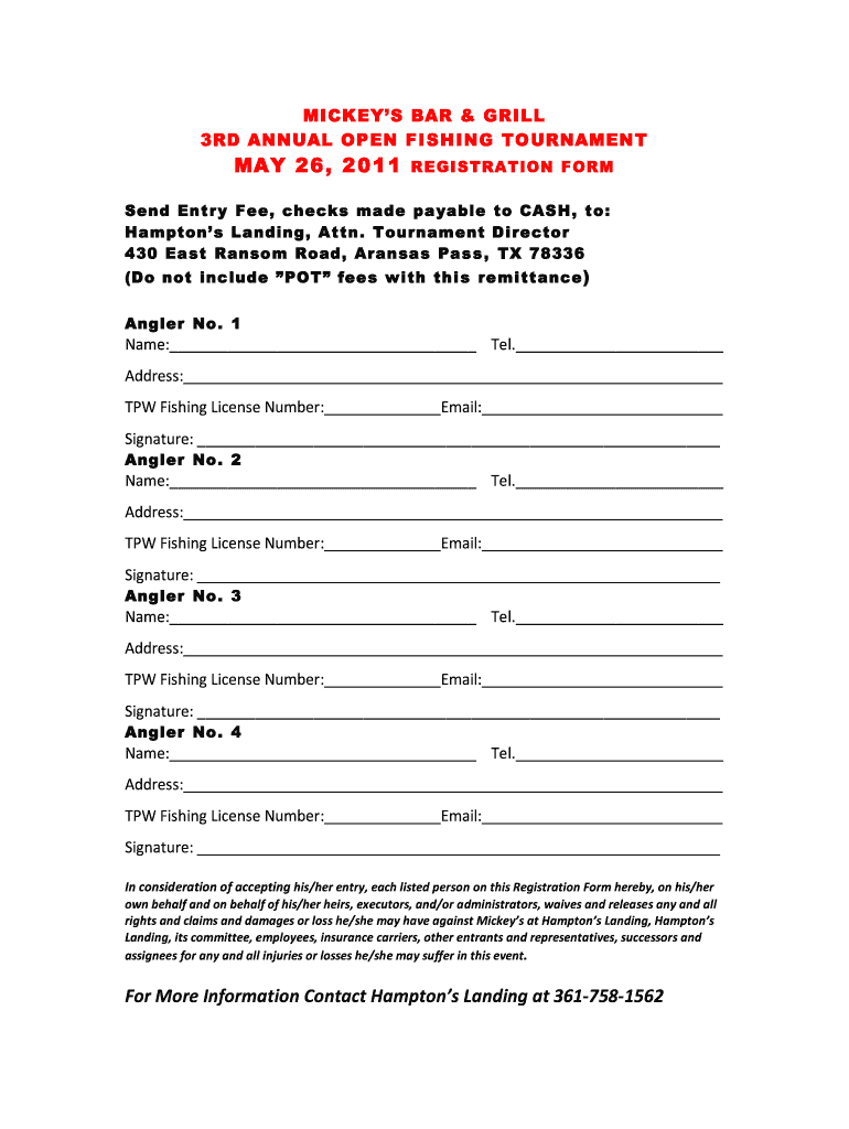 Get and Sign MICKEY&#39;S 3rd Annual Fishing Tournament Registration Form 2011-2022