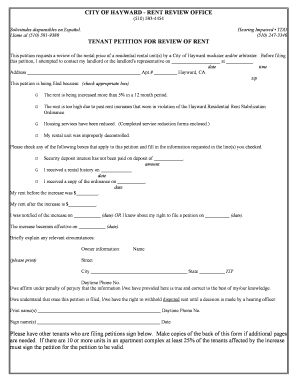 CITY of HAYWARD RENT REVIEW OFFICE TENANT PETITION Hayward Ca  Form