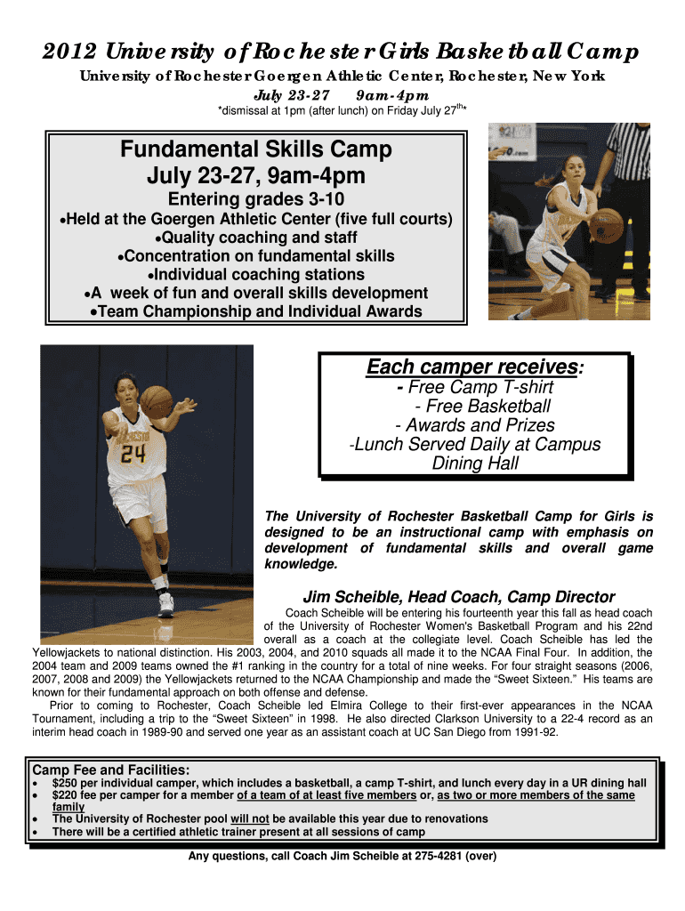 Girls Basketball Camp University of Rochester Rochester  Form