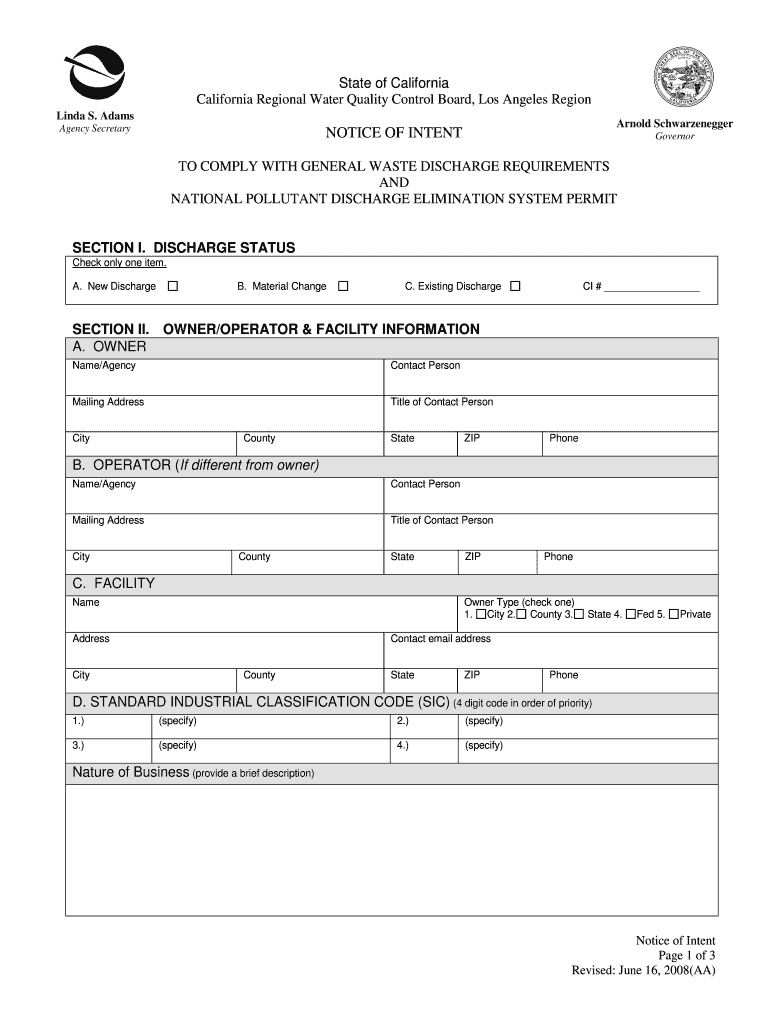  Los Angeles Regional Water Quality Control Board Noi Form 2008