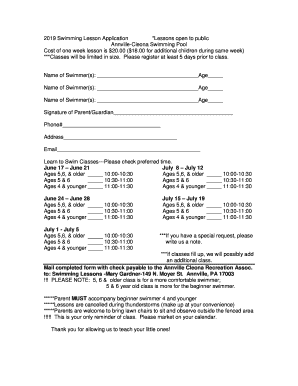 Swimming Lesson Application Annville Cleona Community  Form