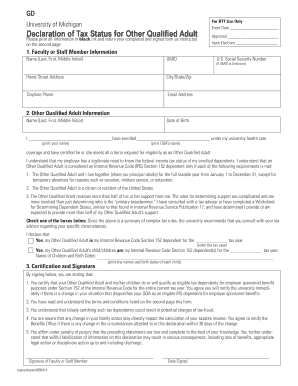 Declaration of Tax Status for Other Qualified Adult Benefits Office Benefits Umich  Form