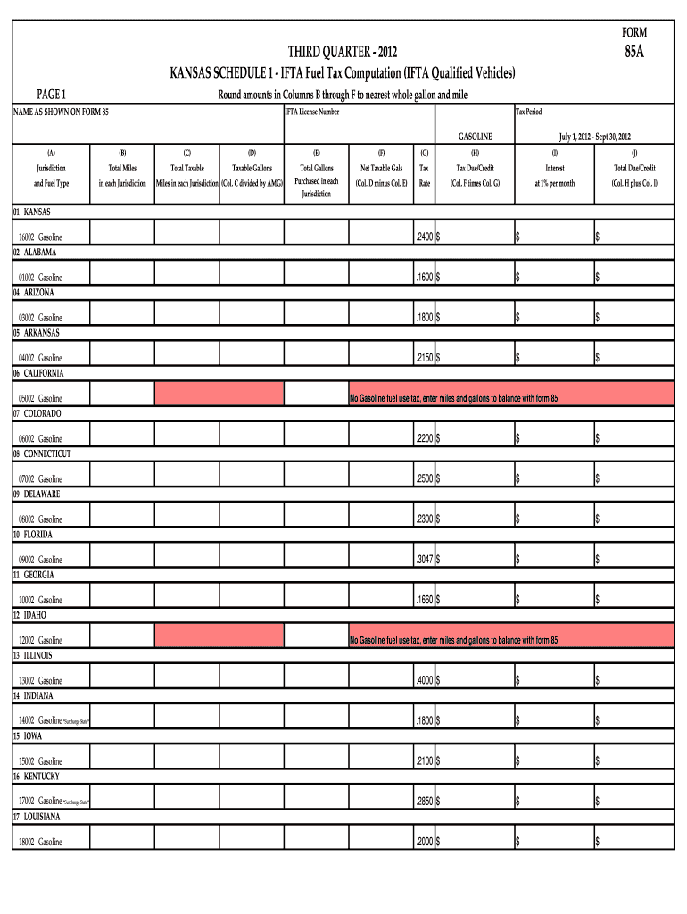 85A Third Quarter Gasoline Form Kansas Department of Revenue Ksrevenue