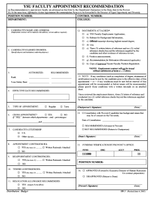 YSU FACULTY APPOINTMENT RECOMMENDATION  Form