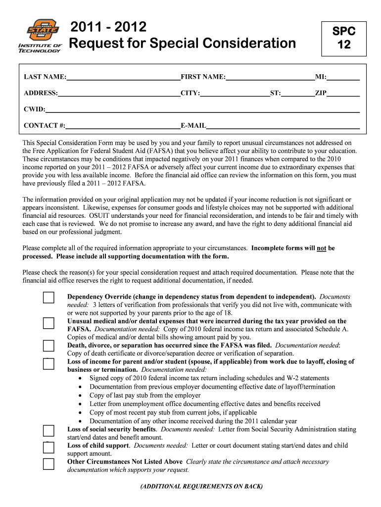 Request for Special Consideration OSU Institute of Osuit  Form