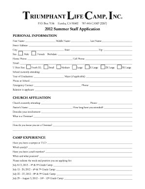 TLC Summer Staff Application Triumphant Life Camp  Form