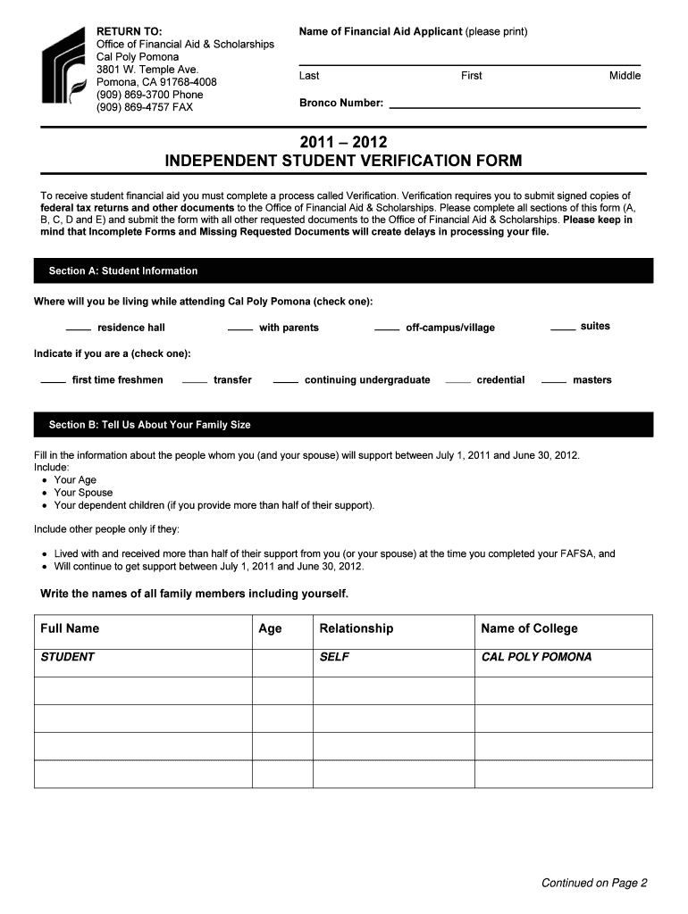 Verification Form Independent Student Csupomona
