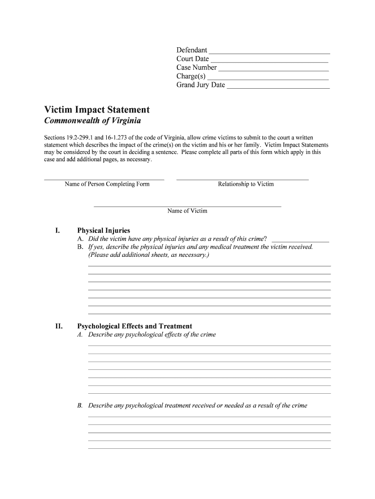 Victim Impact Statement Virginia Department of Criminal Justice  Form