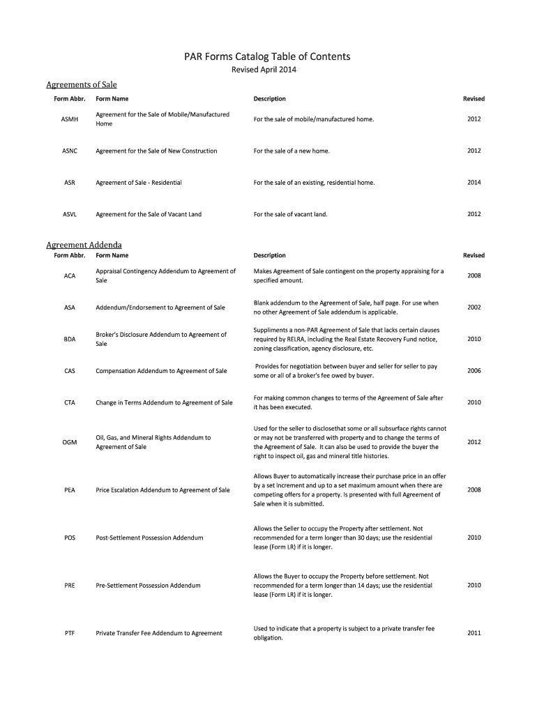  PAR Forms Catalog Table of Contents  Pennsylvania Association of    Parealtor 2013-2024