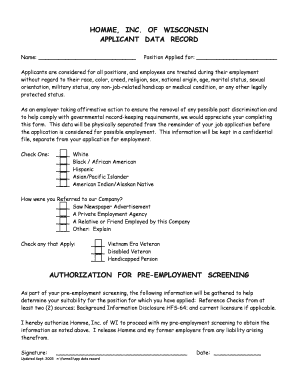 Applicant Data Record Homme Inc of Wisconsin  Form