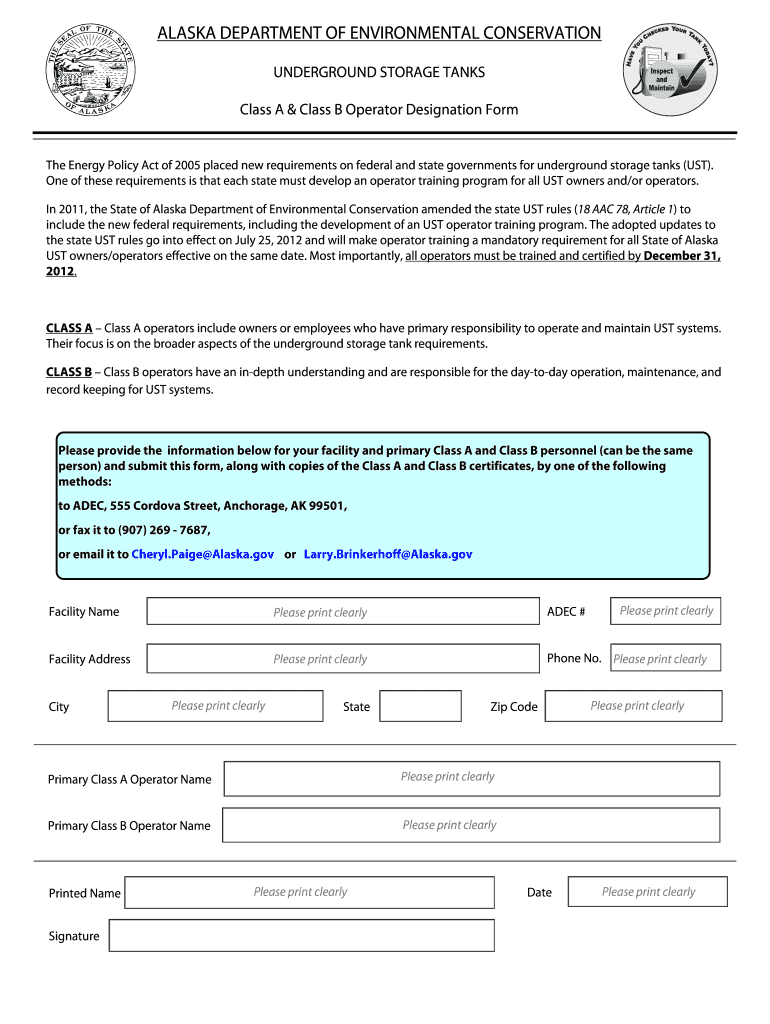 Class AB Facility Operator Designation Form Alaska Department of Dec Alaska