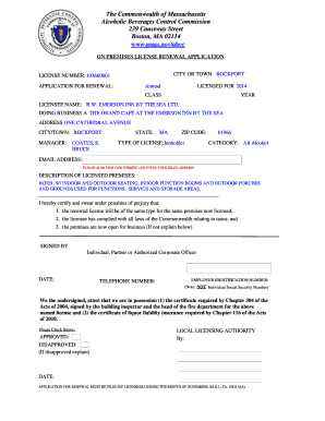 Govabcc on PREMISES LICENSE RENEWAL APPLICATION LICENSE NUMBER 103600001 APPLICATION for RENEWAL Annual CLASS CITY or TOWN ROCKP  Form