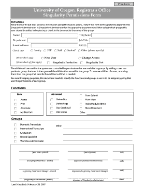 University of Oregon, Registrar&#039;s Office Singularity Permissions Form