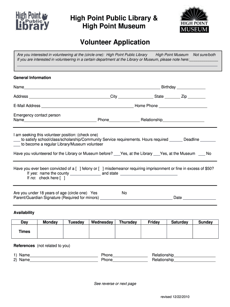 High Point Public Library &amp; High Point Museum Volunteer Application  Form
