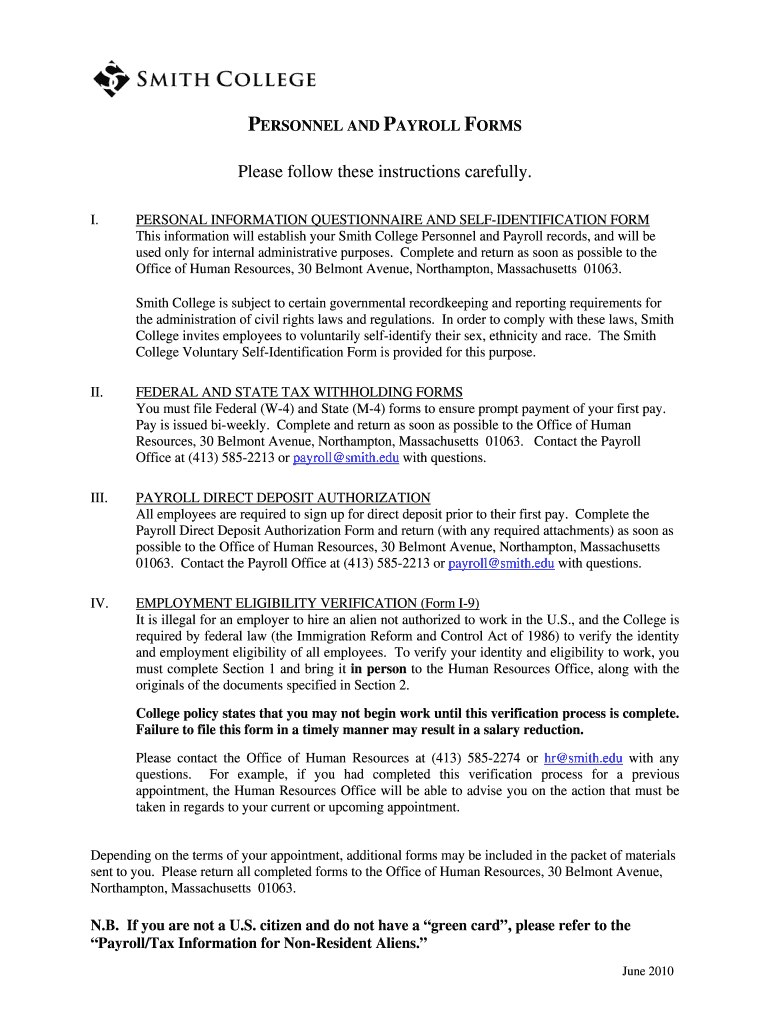PERSONNEL and PAYROLL FORMS Smith College Smith