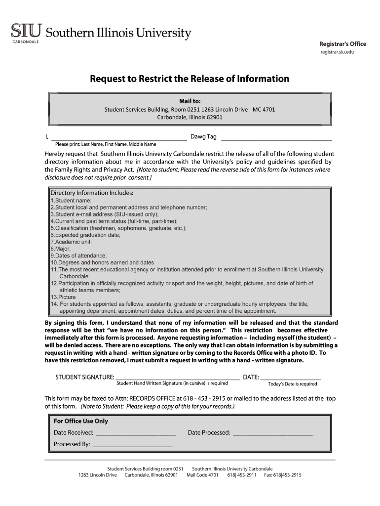 Request to Restrict the Release of Information Registrar&#039;s Office