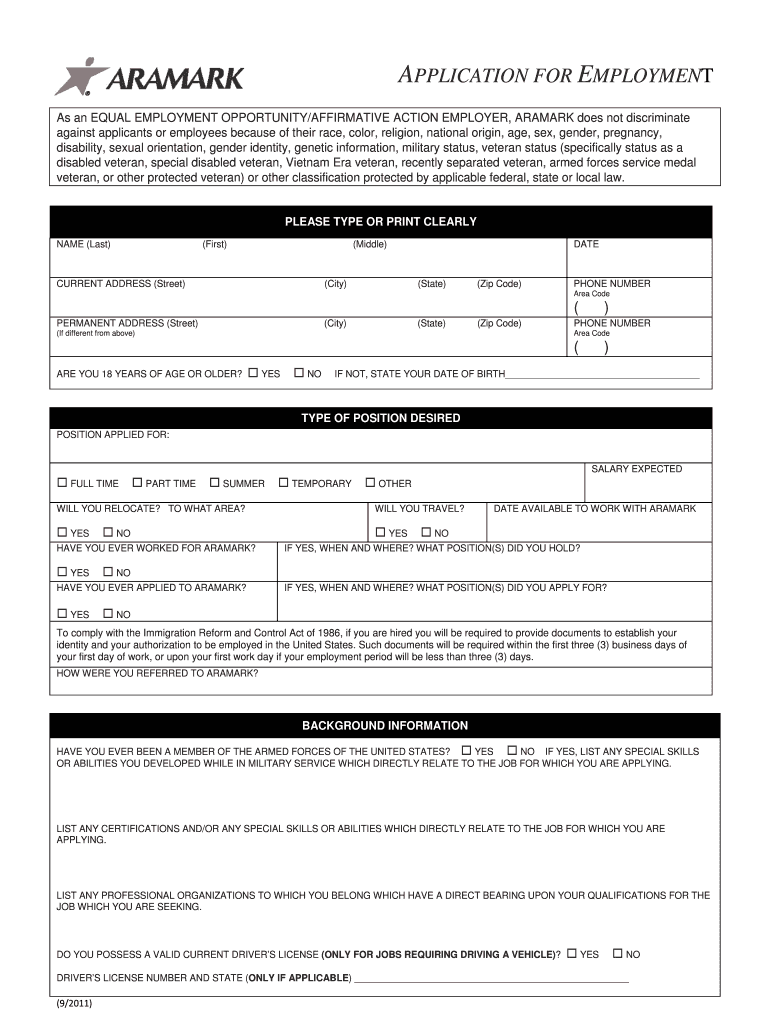 As an EQUAL EMPLOYMENT OPPORTUNITYAFFIRMATIVE ACTION EMPLOYER, ARAMARK Does Not Discriminate Against Applicants or Employees Bec  Form