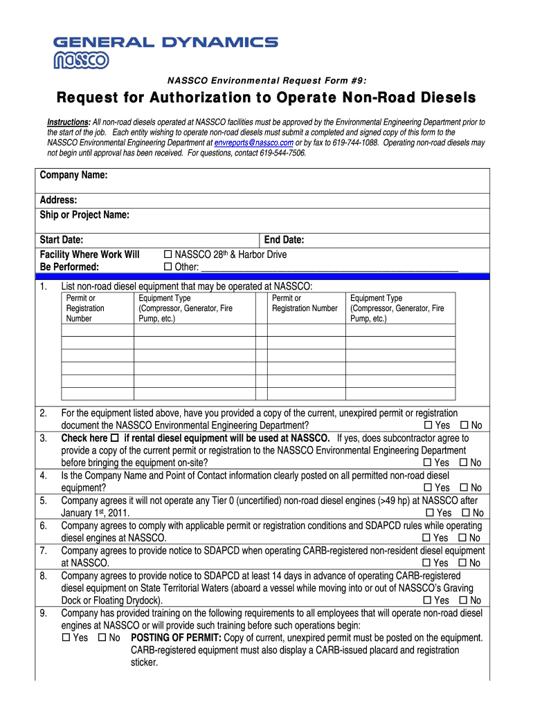 Application for Authorization to Operate Non Road Diesels Nassco  Form