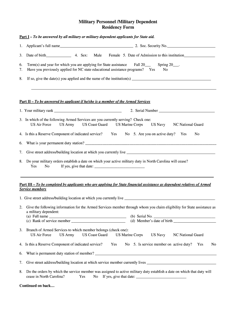 Military Personnel Military Dependent Residency Form Campbell