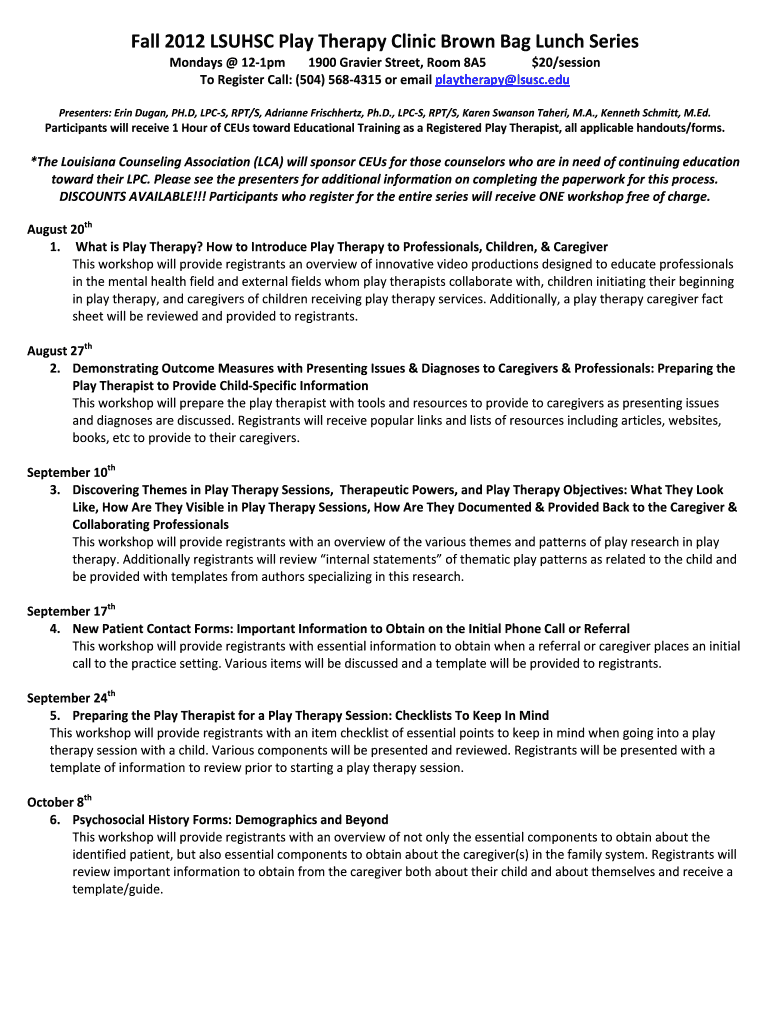 Fall LSUHSC Play Therapy Clinic Brown Bag Lunch Series Alliedhealth Lsuhsc  Form