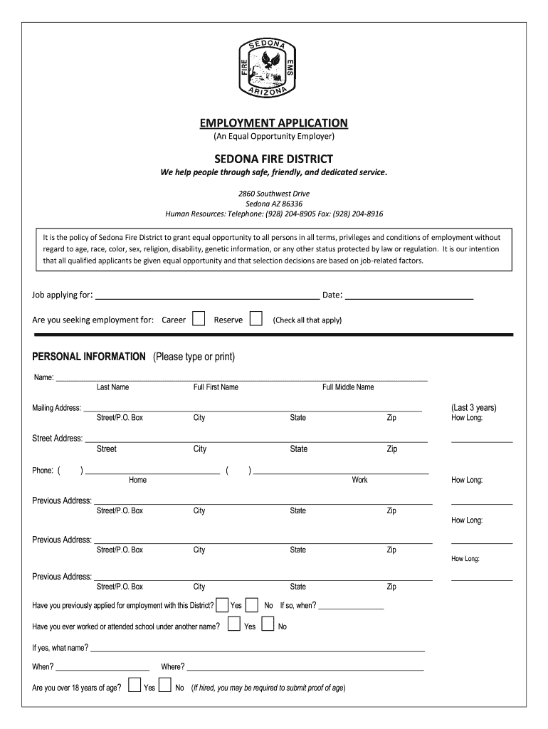 EMPLOYMENT APPLICATION SEDONA FIRE DISTRICT  Sedonafire  Form