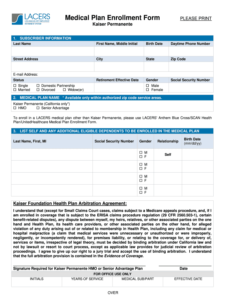 Medical Plan Enrollment Form LACERS Lacers