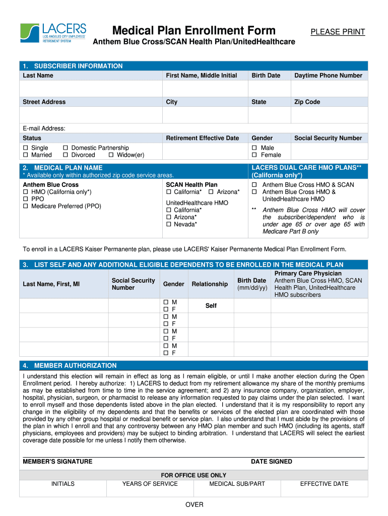 Medical FormAnthem Blue Cross, SCAN, UnitedHealthcare DOCX Lacers