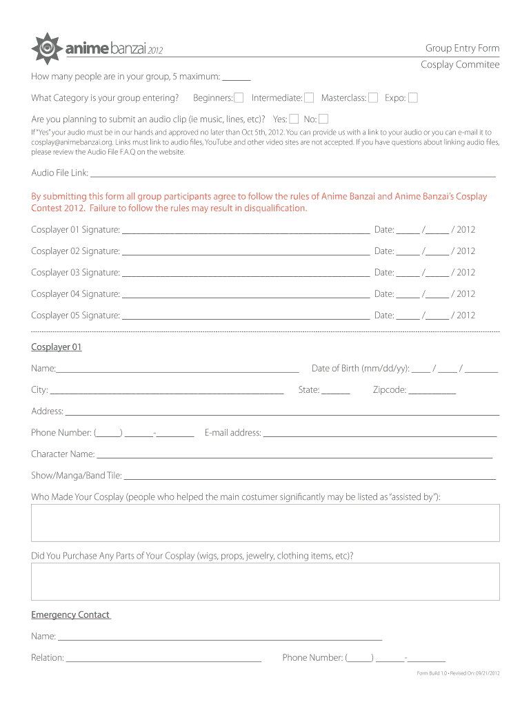 Cosplay Group Entry Form PDF Anime Banzai Animebanzai