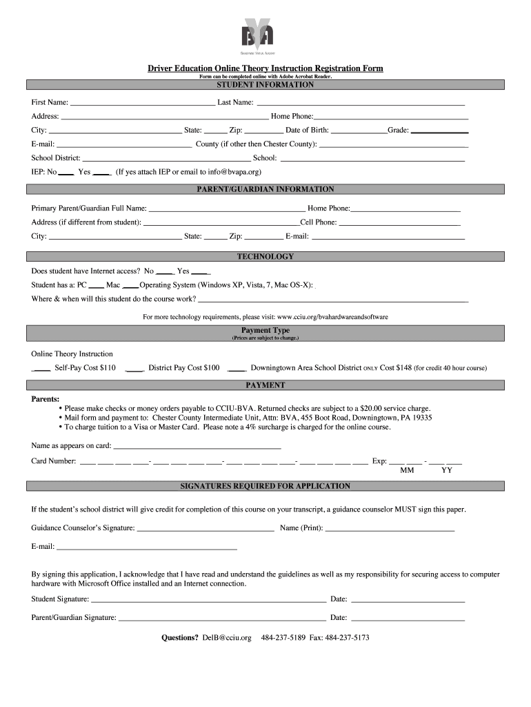 Driver Education Online Theory Instruction Registration Form