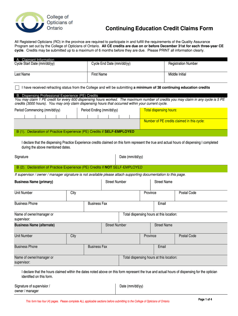 Continuing Education Credit Claims Form the College of Opticians Coptont