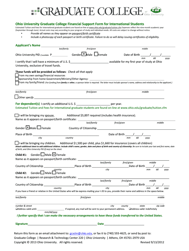 Graduate Study Ohio University Ohio  Form